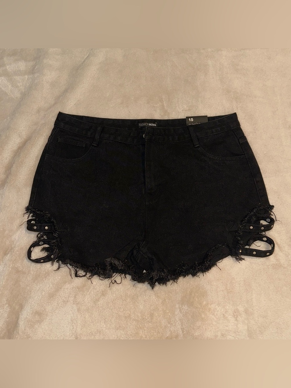 Fashion Nova Black Distressed Lace-Up Frayed Denim Shorts NWT